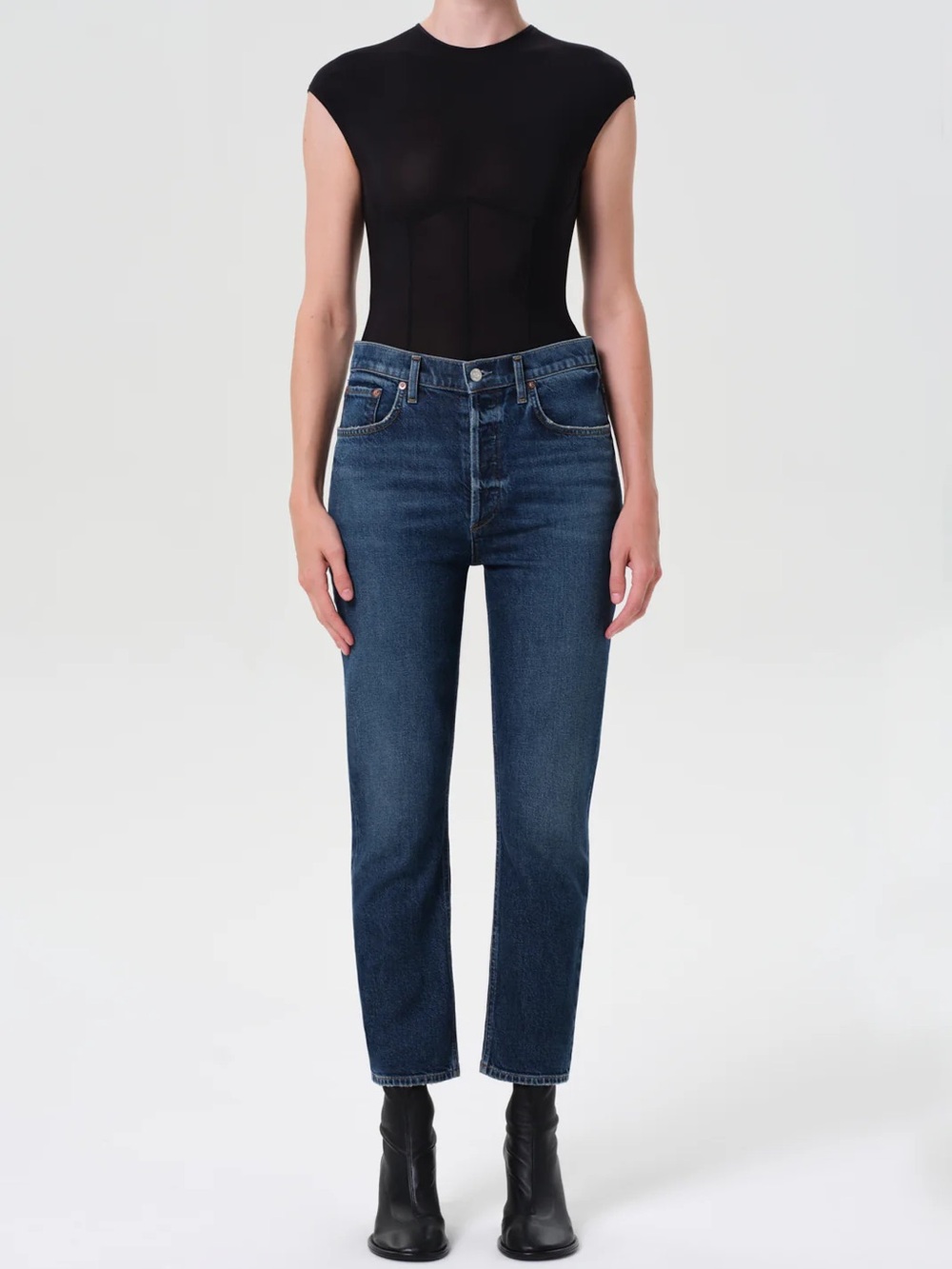 Agolde Straight Leg High-Rise Jeans in Dark Blue Wash